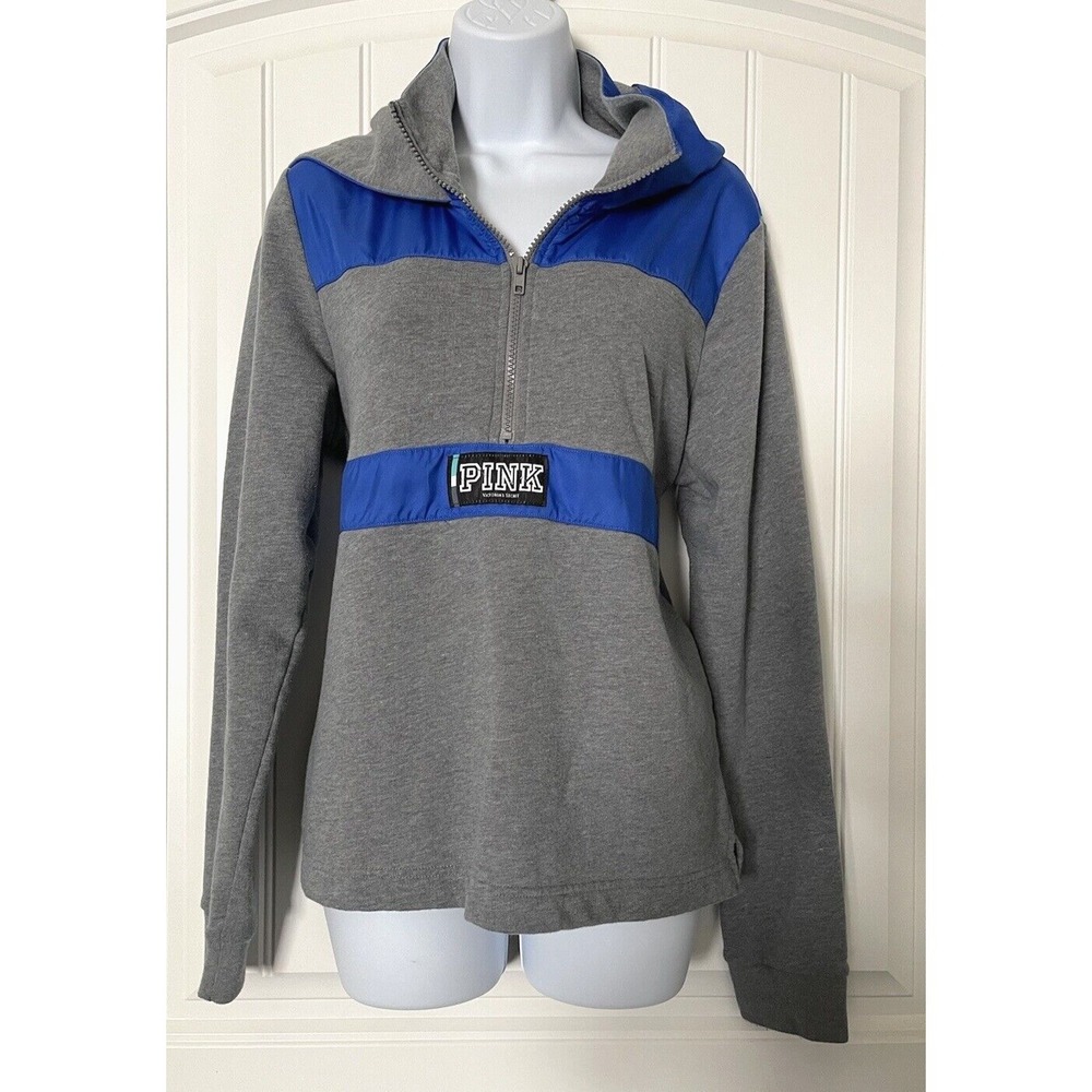 Victoria Secret Pink Jacket 1/4 Zip Hooded Blue/Gray Womens Size Large Pull over